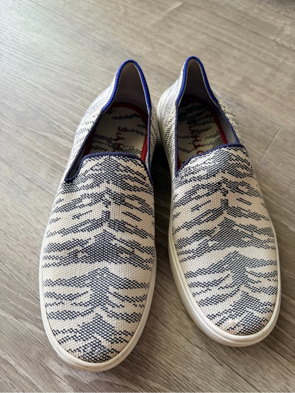 Rothy's Cream and Navy Patterned Slip-On Loafers